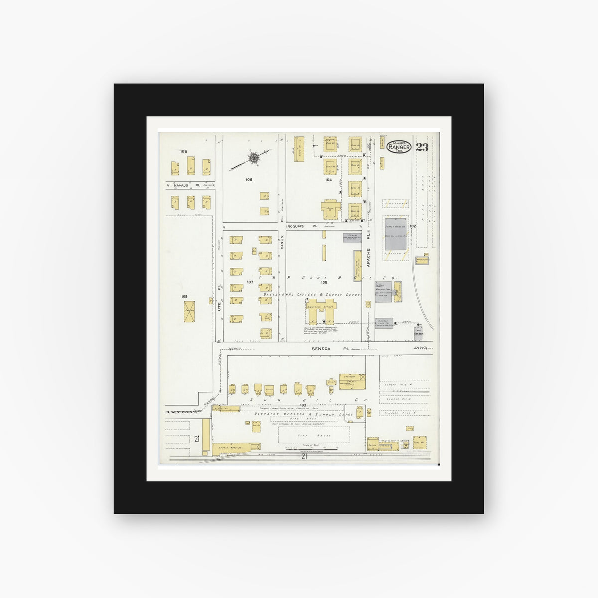Old map wall art mockup — black gallery frame with white mat — Sanborn Fire Insurance Map from Ranger, Eastland County, Texas (1920), Sheet #0023