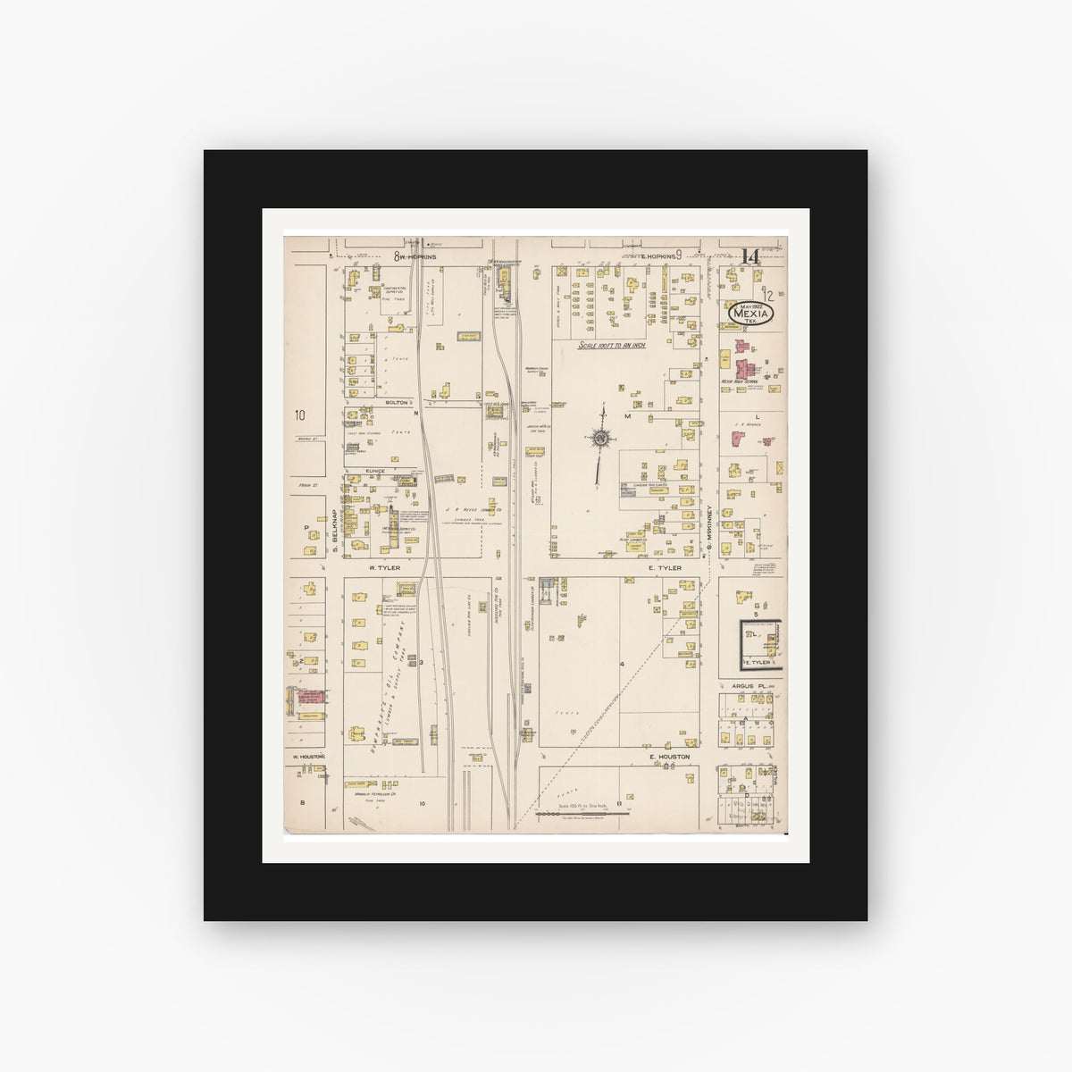 Old map wall art mockup — black gallery frame with white mat — Sanborn Fire Insurance Map from Mexia, Limestone County, Texas (1922), Sheet #0014