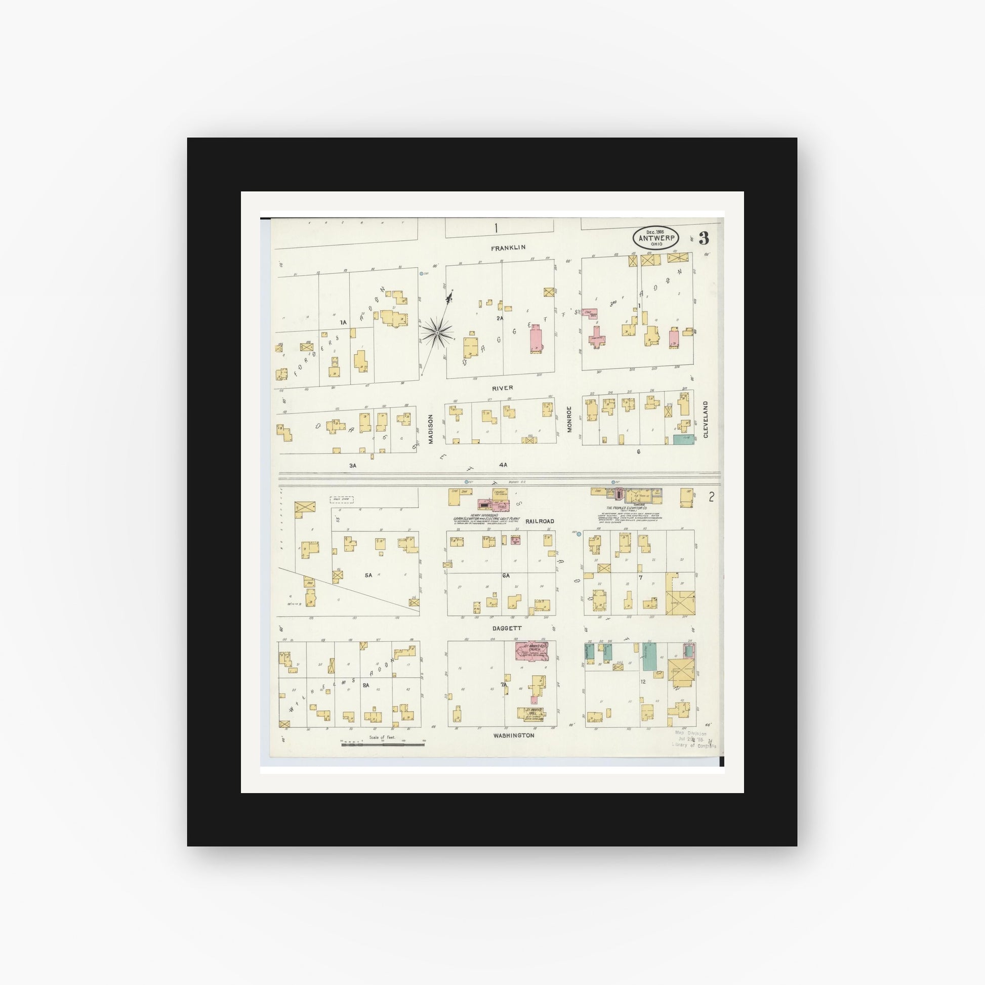 Old map wall art mockup — black gallery frame with white mat — Sanborn Fire Insurance Map from Antwerp, Paulding County, Ohio (1905), Sheet #0003