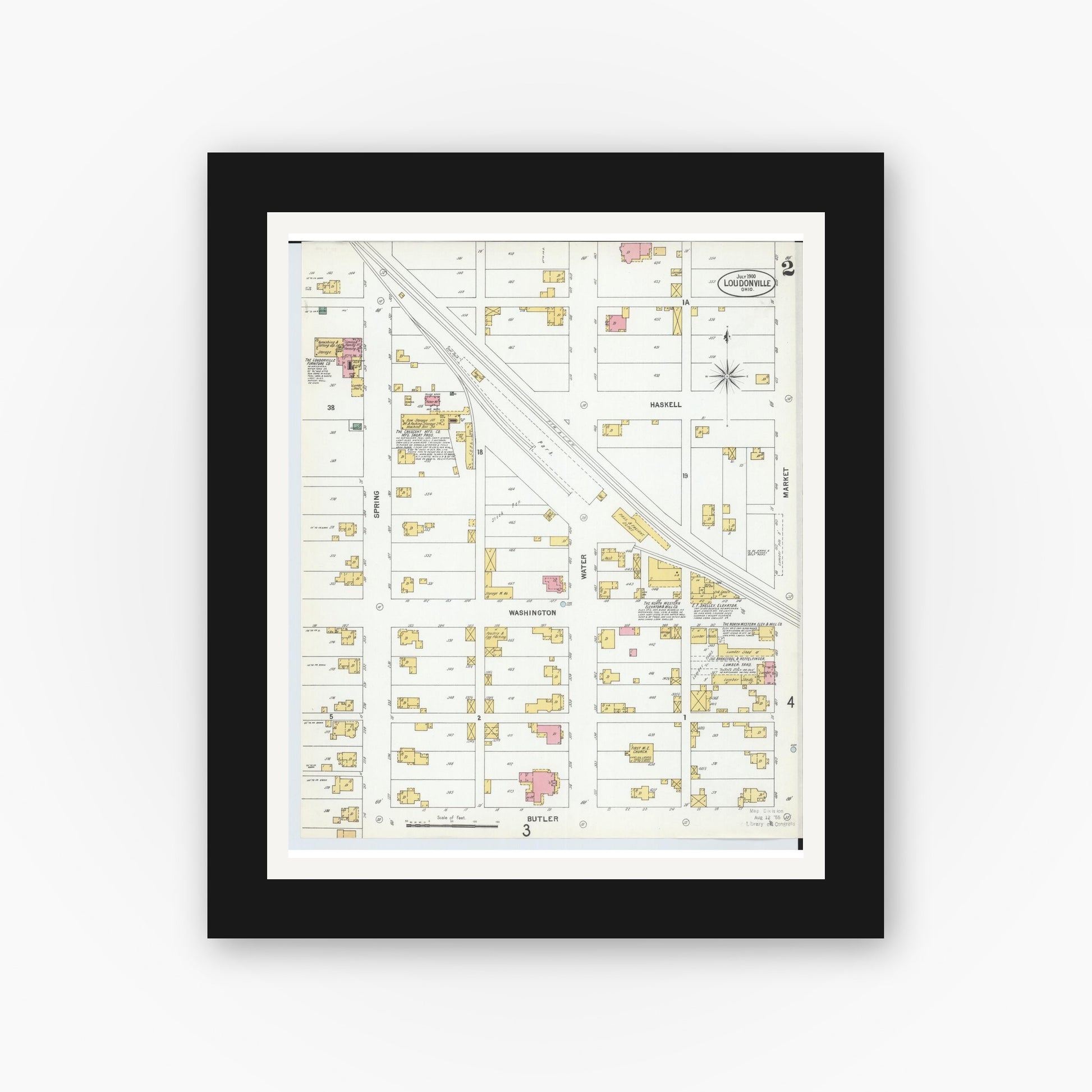 Old map wall art mockup — black gallery frame with white mat — Sanborn Fire Insurance Map from Loudonville, Ashland County, Ohio (1900), Sheet #0002