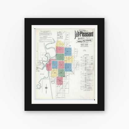 Old map wall art mockup — black gallery frame with white mat — Sanborn Fire Insurance Map from Mount Pleasant, Isabella County, Michigan (1910) - Complete Map Set
