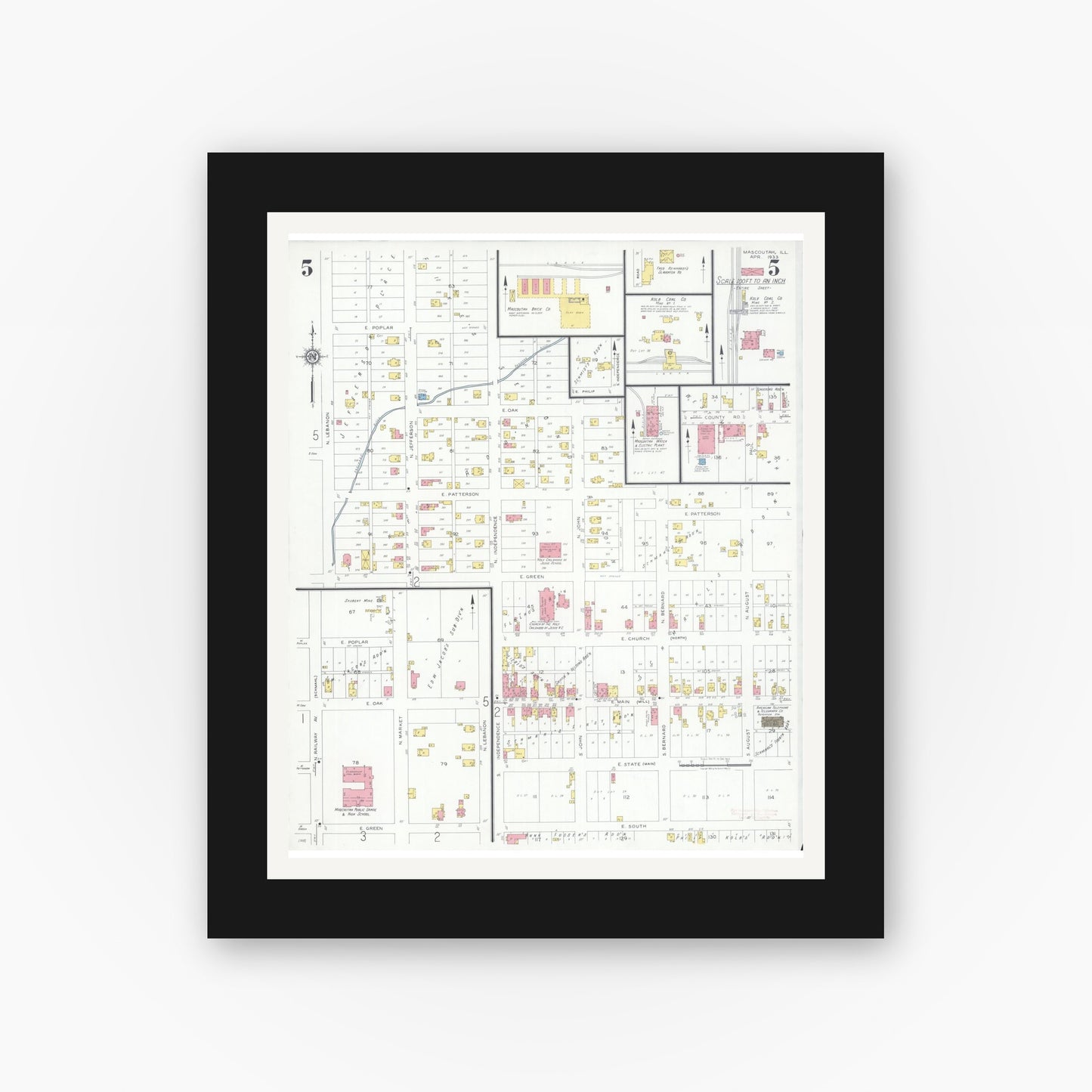 Old map wall art mockup — black gallery frame with white mat — Sanborn Fire Insurance Map from Mascoutah, Saint Clair County, Illinois (1933), Sheet #0005