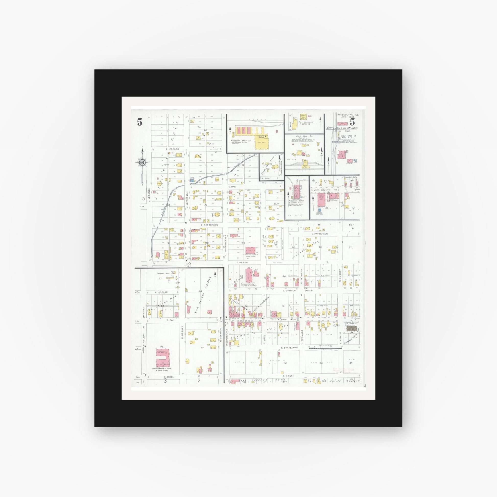 Old map wall art mockup — black gallery frame with white mat — Sanborn Fire Insurance Map from Mascoutah, Saint Clair County, Illinois (1933), Sheet #0005
