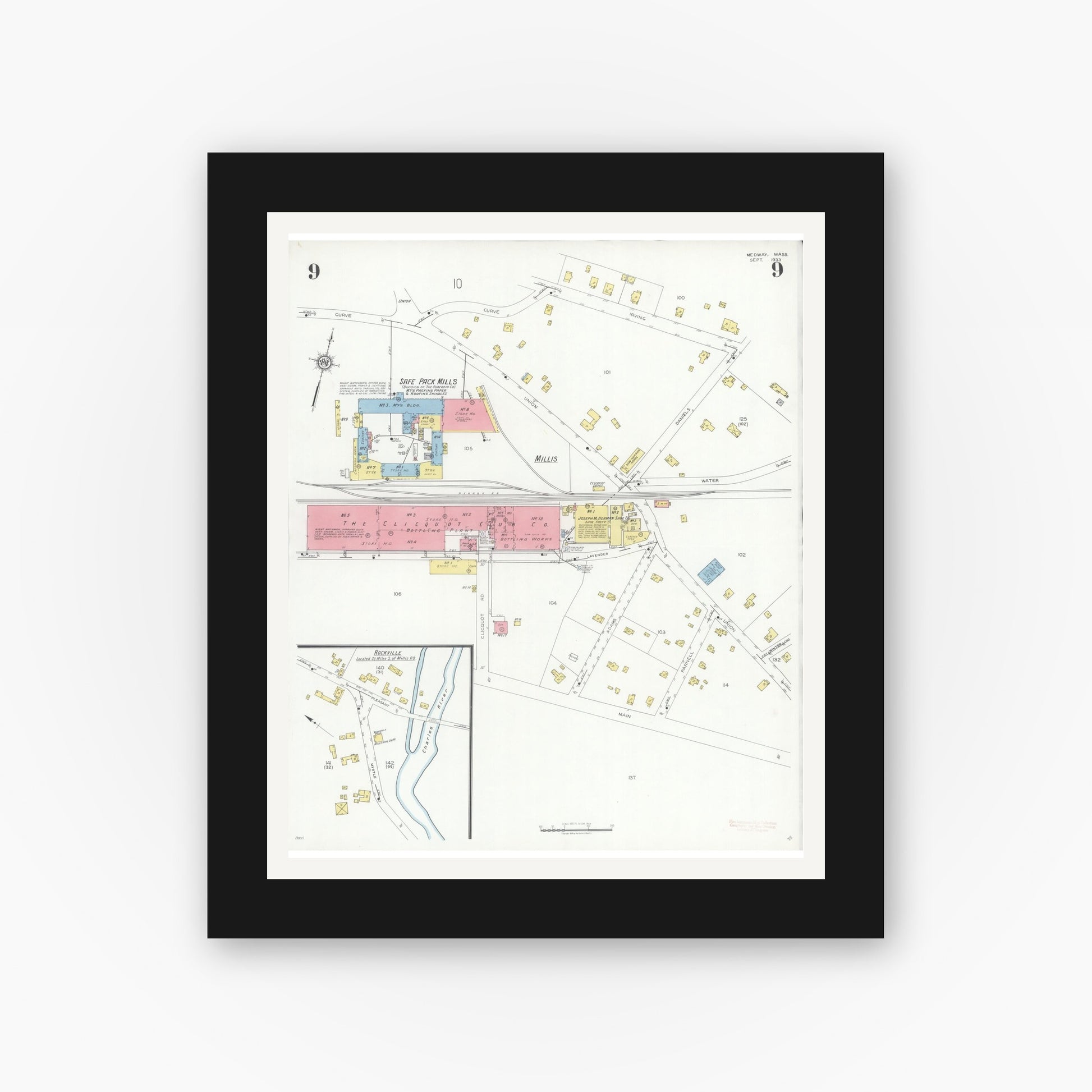 Old map wall art mockup — black gallery frame with white mat — Sanborn Fire Insurance Map from Medway, Norfolk County, Massachusetts (1933), Sheet #0009