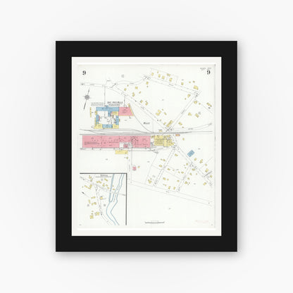 Old map wall art mockup — black gallery frame with white mat — Sanborn Fire Insurance Map from Medway, Norfolk County, Massachusetts (1933), Sheet #0009