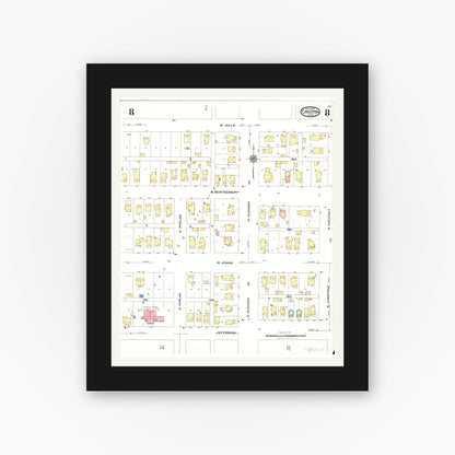 Old map wall art mockup — black gallery frame with white mat — Sanborn Fire Insurance Map from Creston, Union County, Iowa (1923), Sheet #0008