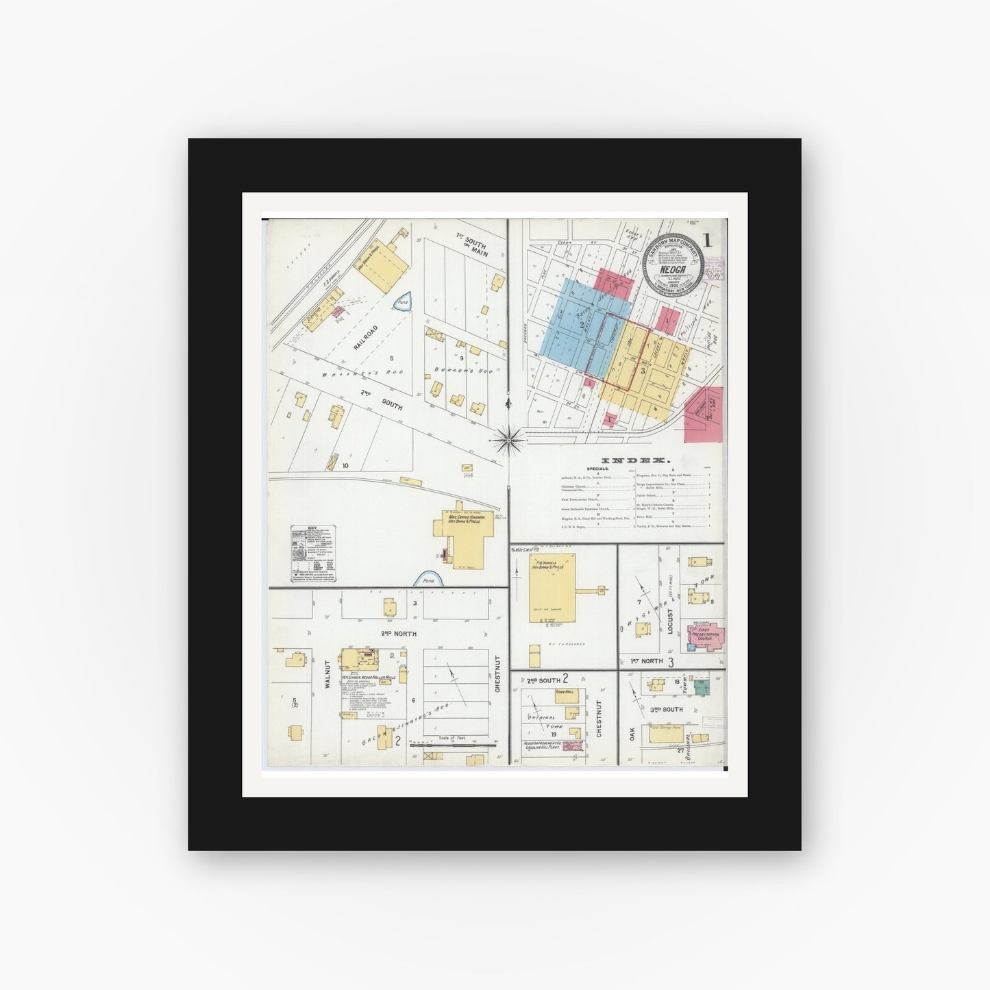 Old map wall art mockup — black gallery frame with white mat — Sanborn Fire Insurance Map from Neoga, Cumberland County, Illinois (1905) - Complete Map Set