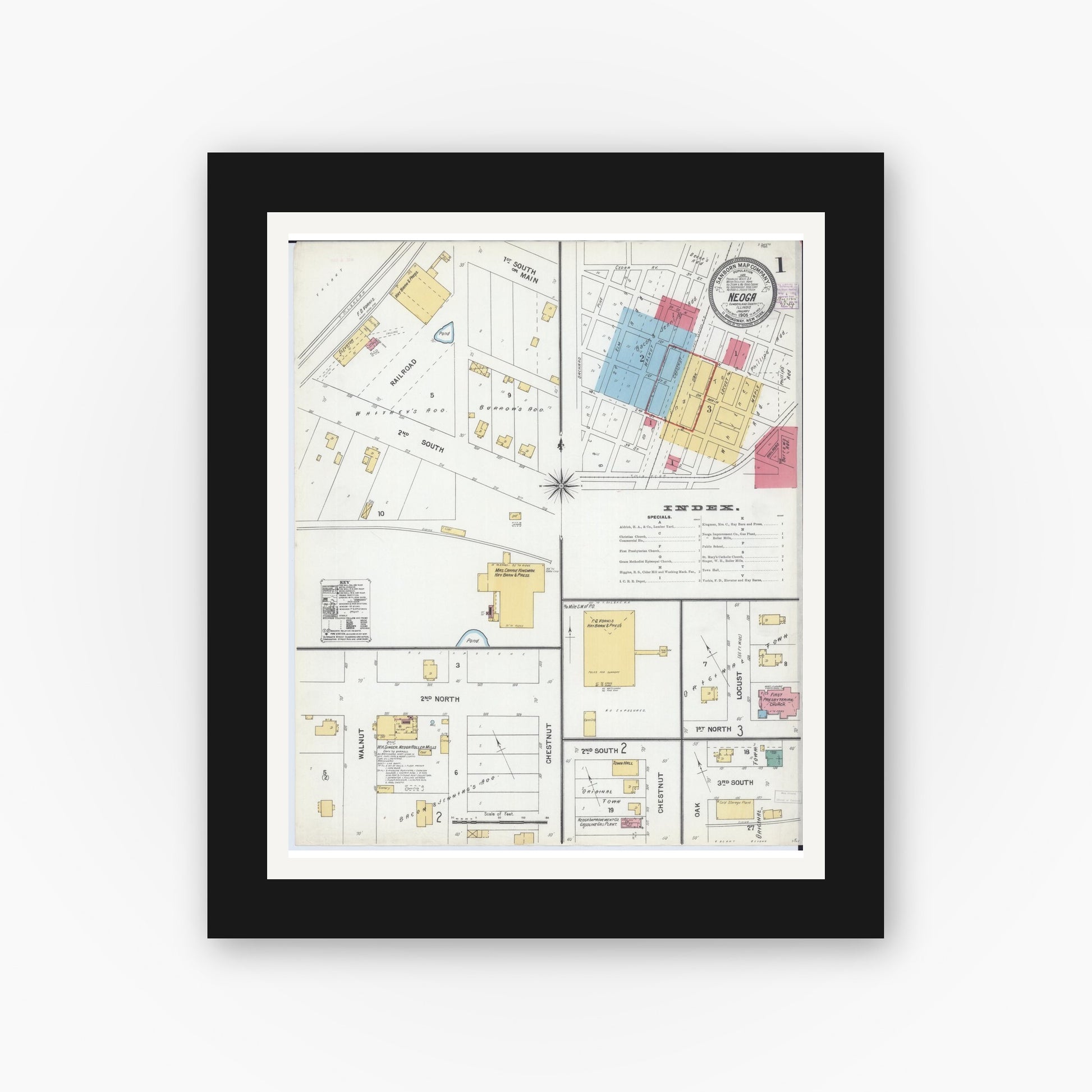 Old map wall art mockup — black gallery frame with white mat — Sanborn Fire Insurance Map from Neoga, Cumberland County, Illinois (1905) - Complete Map Set