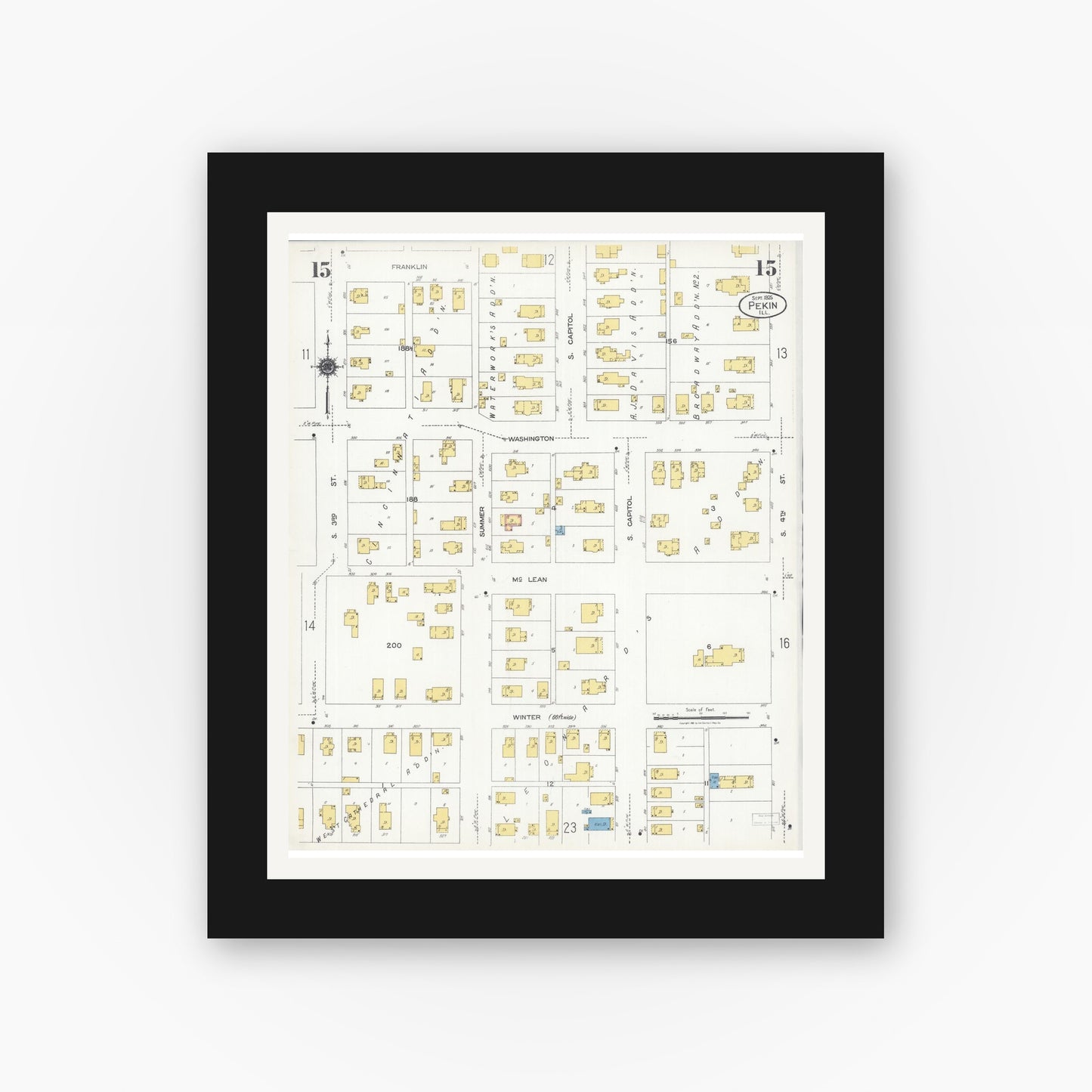 Old map wall art mockup — black gallery frame with white mat — Sanborn Fire Insurance Map from Pekin, Tazewell County, Illinois (1925), Sheet #0015