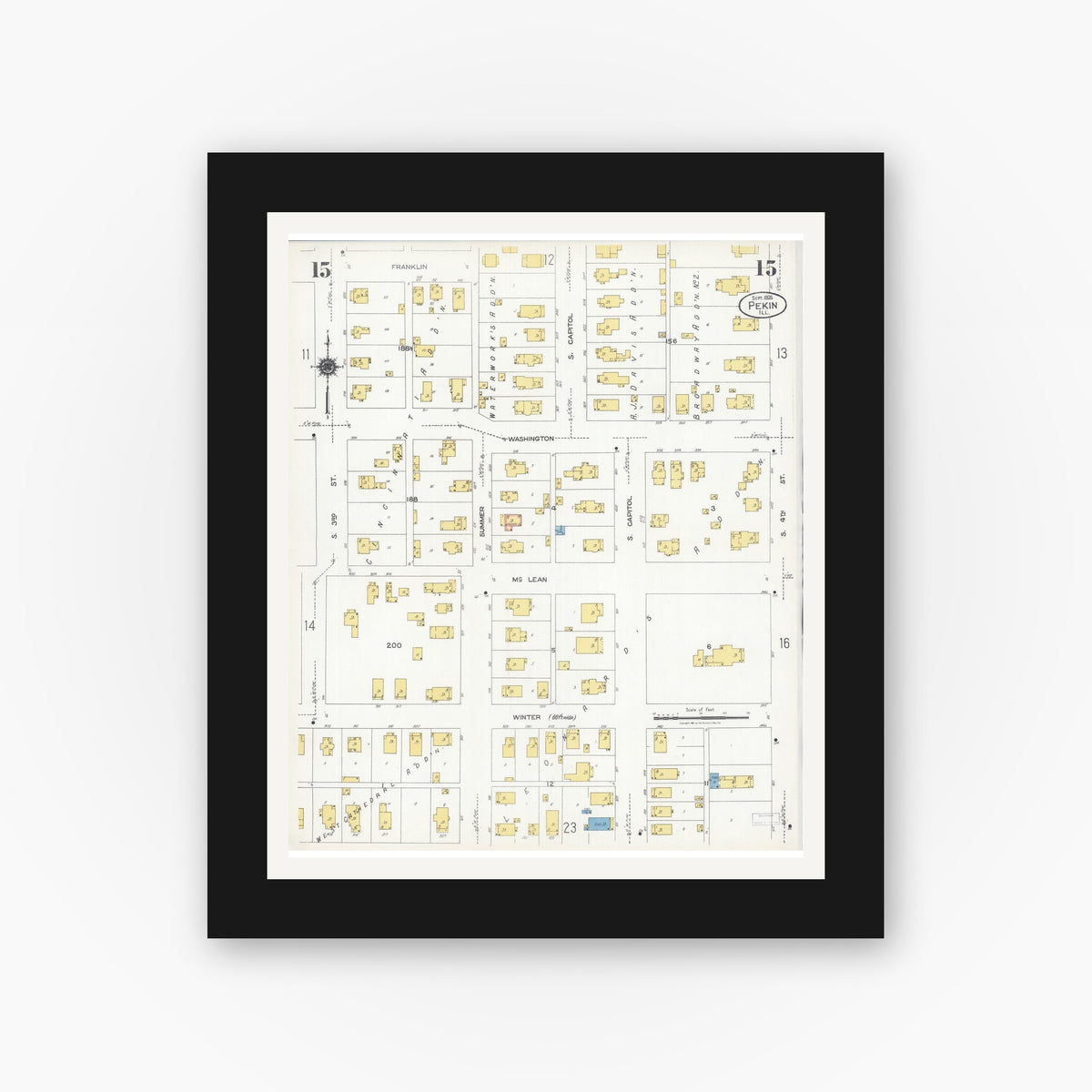 Old map wall art mockup — black gallery frame with white mat — Sanborn Fire Insurance Map from Pekin, Tazewell County, Illinois (1925), Sheet #0015