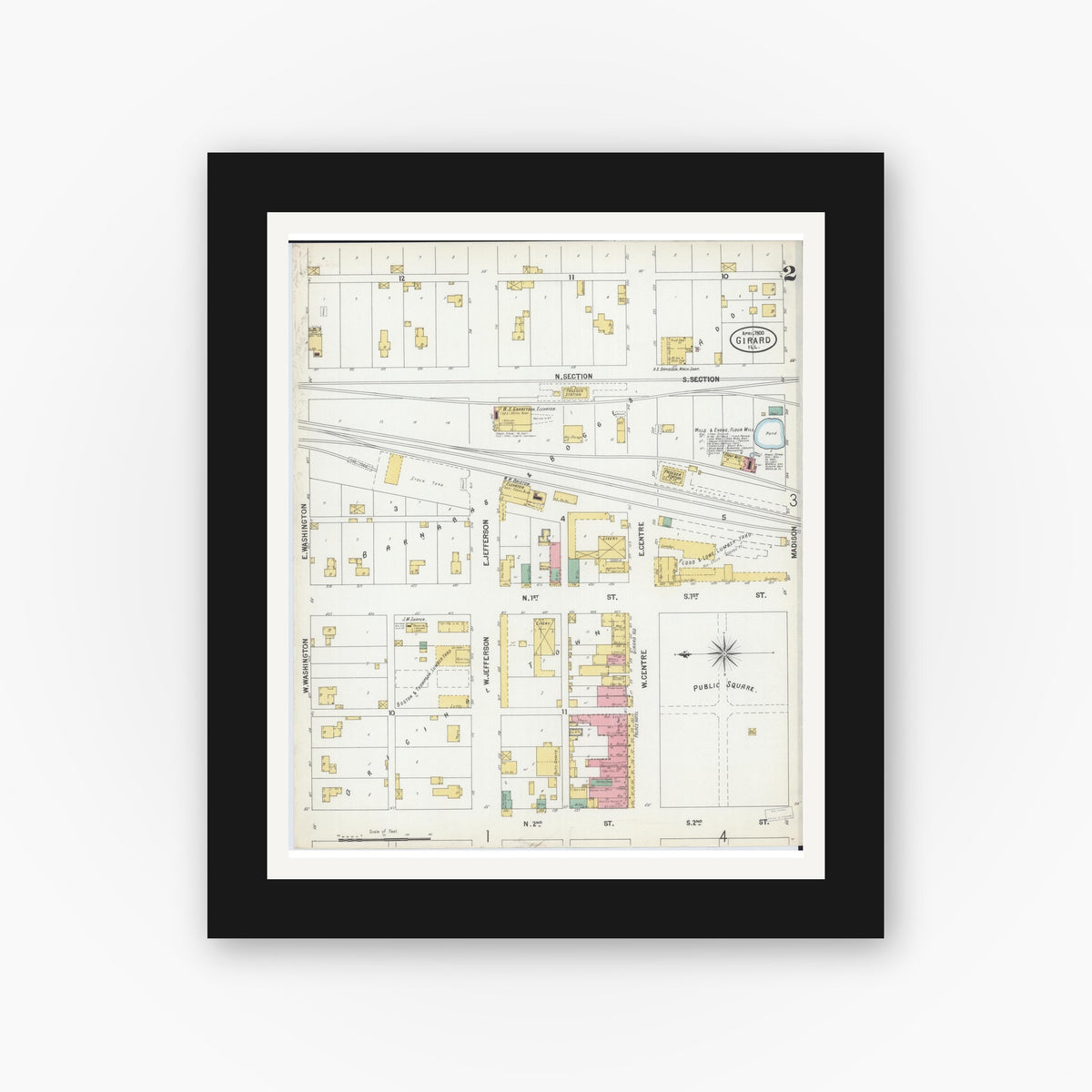 Old map wall art mockup — black gallery frame with white mat — Sanborn Fire Insurance Map from Girard, Macoupin County, Illinois (1900), Sheet #0002