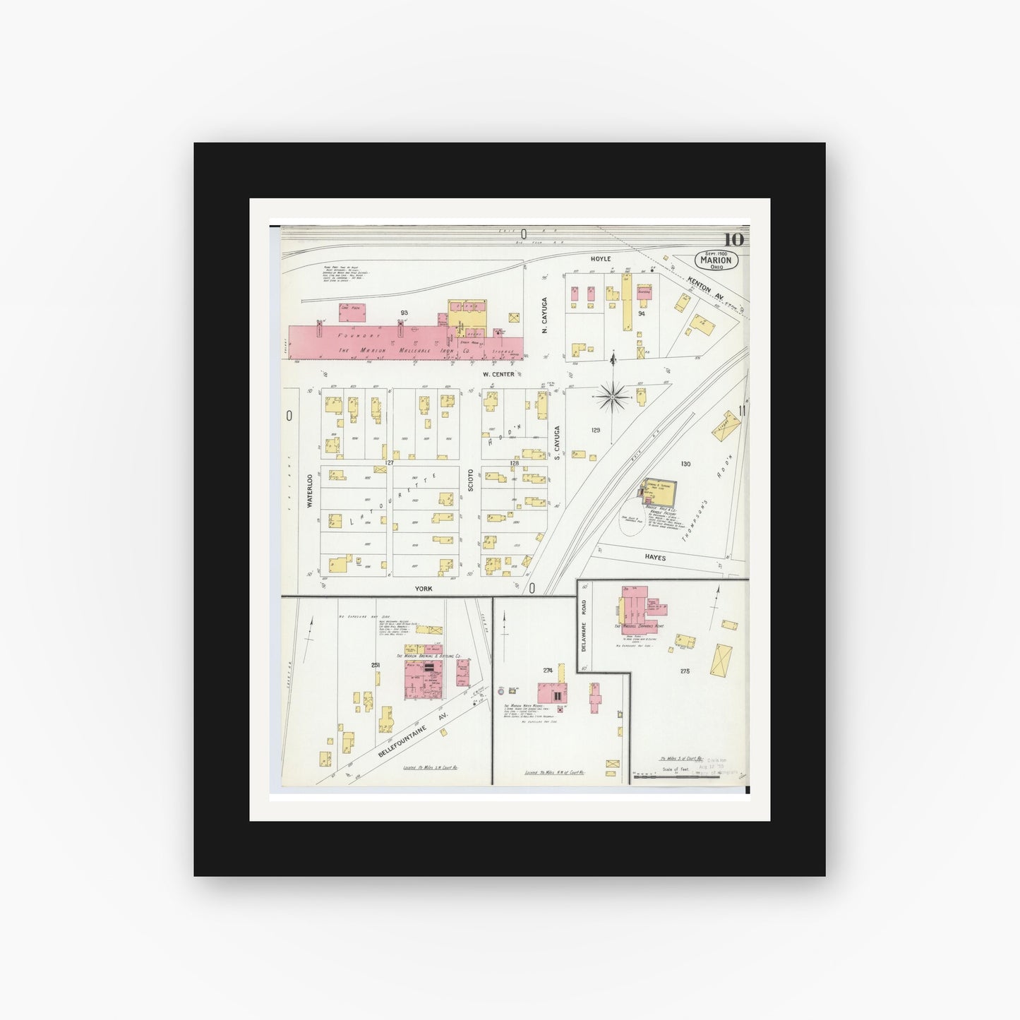 Old map wall art mockup — black gallery frame with white mat — Sanborn Fire Insurance Map from Marion, Marion County, Ohio (1900), Sheet #0010