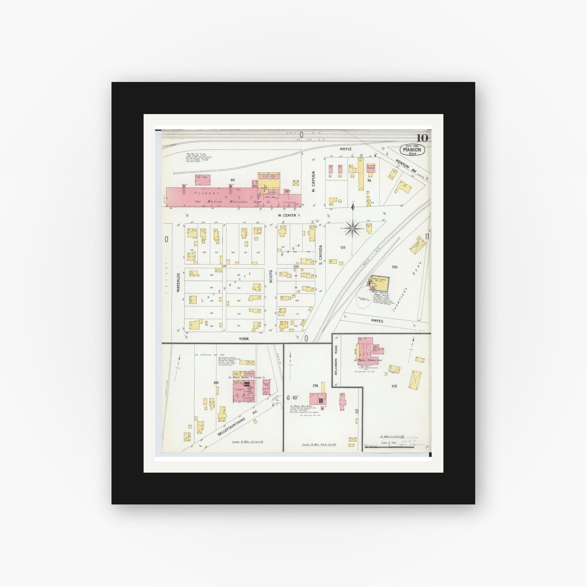 Old map wall art mockup — black gallery frame with white mat — Sanborn Fire Insurance Map from Marion, Marion County, Ohio (1900), Sheet #0010