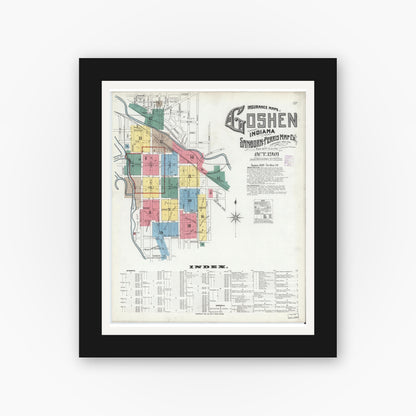 Old map wall art mockup — black gallery frame with white mat — Sanborn Fire Insurance Map from Goshen, Elkhart County, Indiana (1901) - Complete Map Set