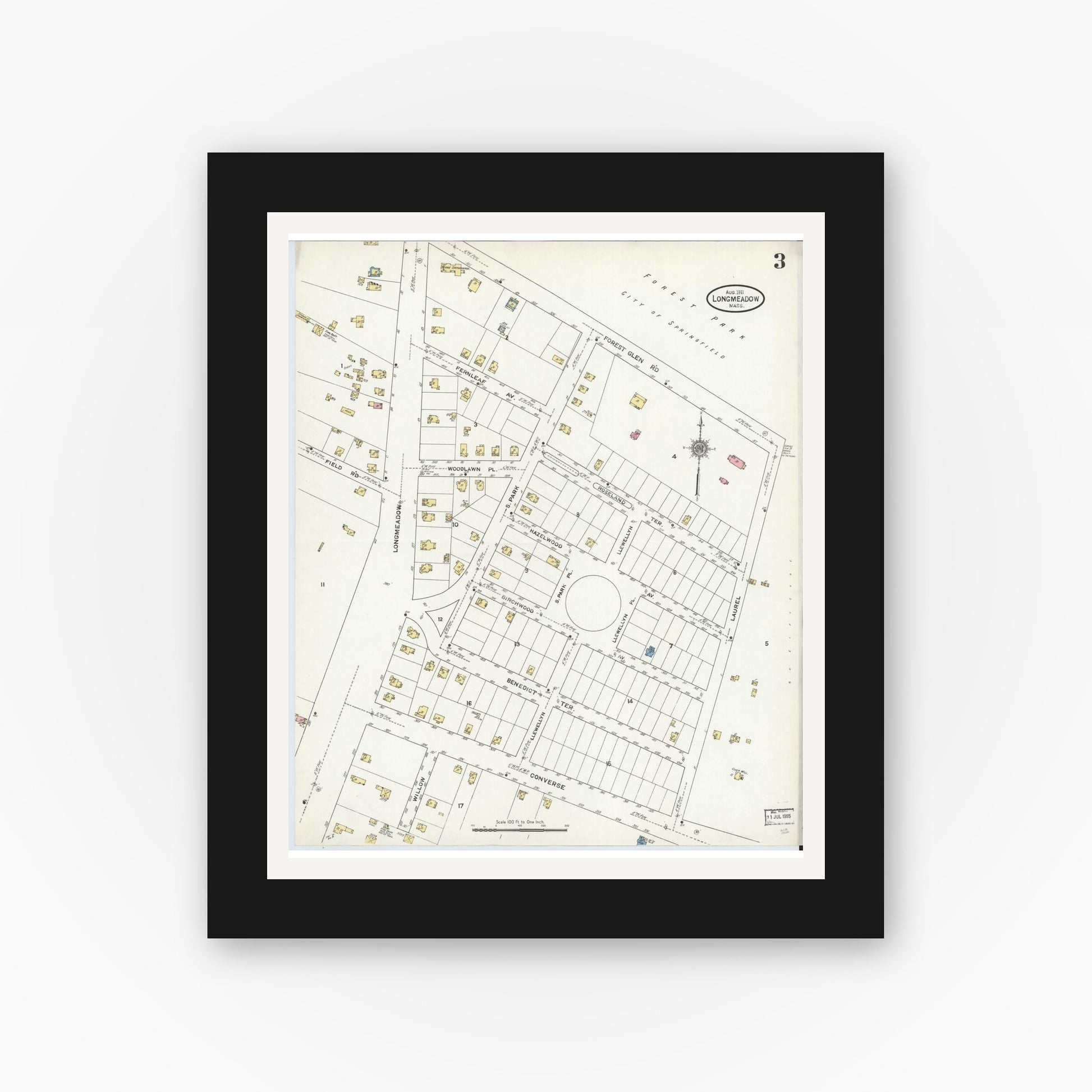Old map wall art mockup — black gallery frame with white mat — Sanborn Fire Insurance Map from Longmeadow, Hampden County, Massachusetts (1911), Sheet #0003