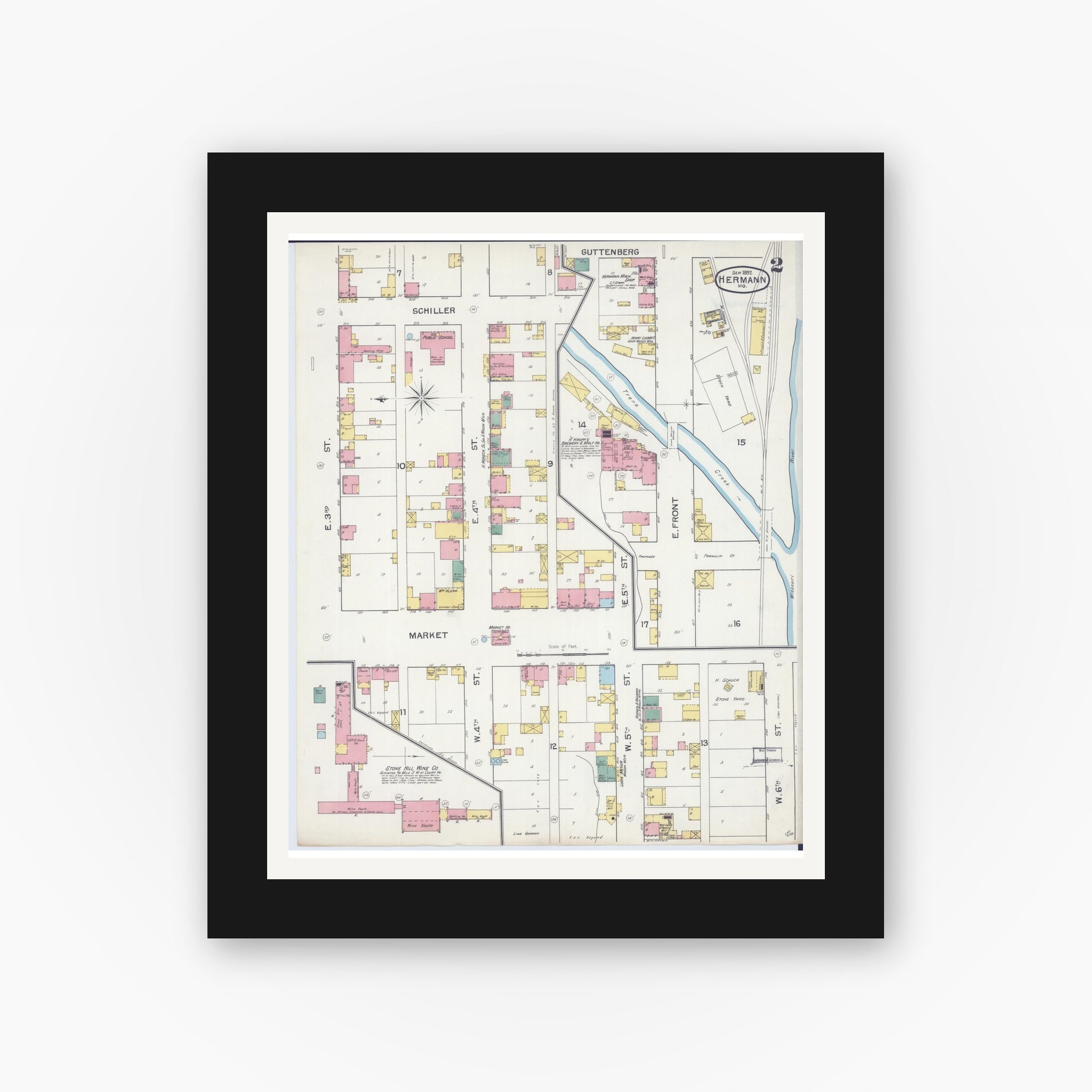 Old map wall art mockup — black gallery frame with white mat — Sanborn Fire Insurance Map from Hermann, Gasconade County, Missouri (1892), Sheet #0002