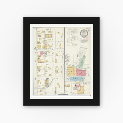 Old map wall art mockup — black gallery frame with white mat — Sanborn Fire Insurance Map from Neillsville, Clark County, Wisconsin (1897), Sheet #0001