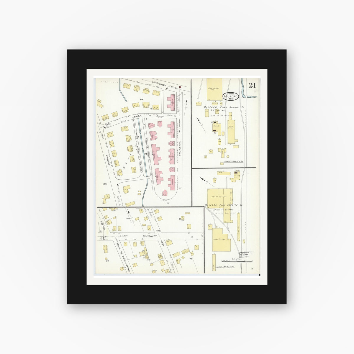 Old map wall art mockup — black gallery frame with white mat — Sanborn Fire Insurance Map from Milford, Worcester County, Massachusetts (1910), Sheet #0021