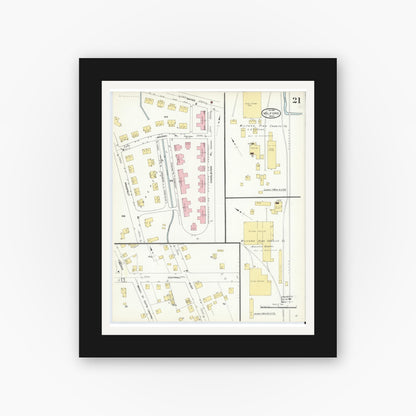Old map wall art mockup — black gallery frame with white mat — Sanborn Fire Insurance Map from Milford, Worcester County, Massachusetts (1910), Sheet #0021