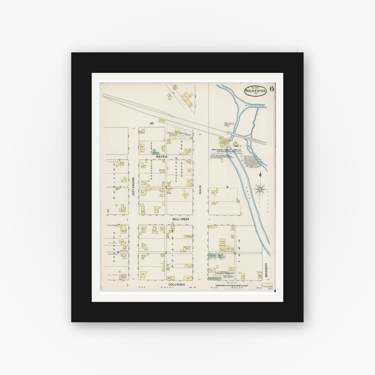 Old map wall art mockup — black gallery frame with white mat — Sanborn Fire Insurance Map from Rochester, Fulton County, Indiana (1890), Sheet #0006