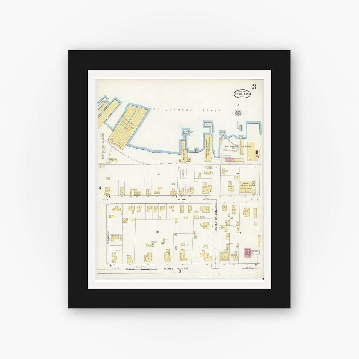Old map wall art mockup — black gallery frame with white mat — Sanborn Fire Insurance Map from Hertford, Perquimans County, North Carolina (1916), Sheet #0003