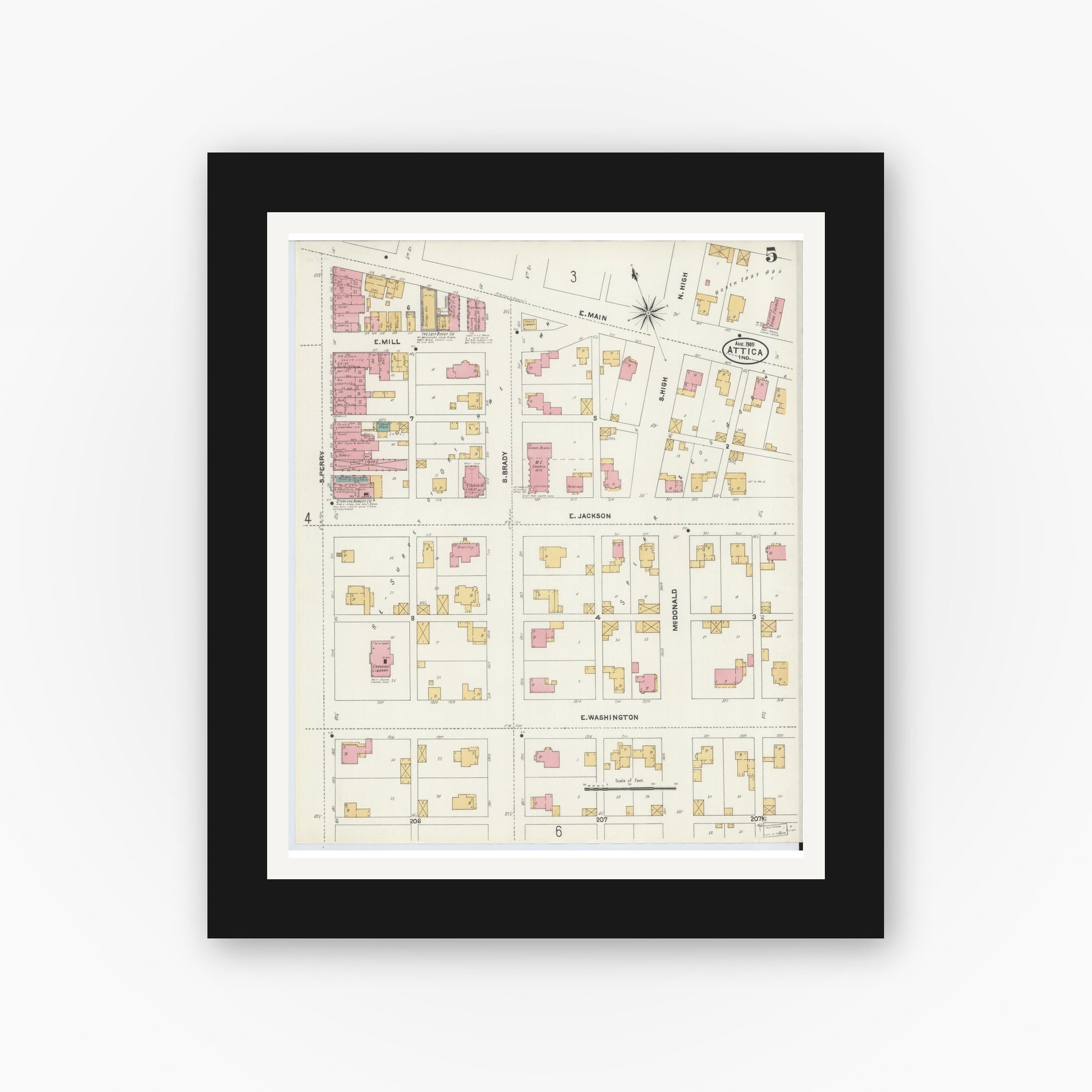 Old map wall art mockup — black gallery frame with white mat — Sanborn Fire Insurance Map from Attica, Fountain County, Indiana (1905), Sheet #0005