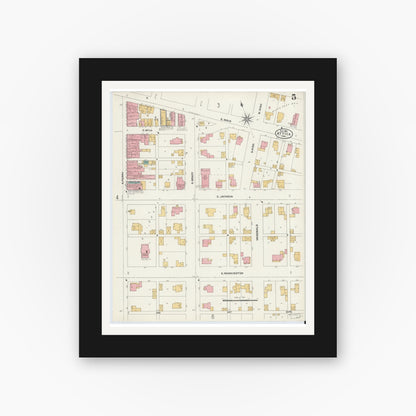 Old map wall art mockup — black gallery frame with white mat — Sanborn Fire Insurance Map from Attica, Fountain County, Indiana (1905), Sheet #0005