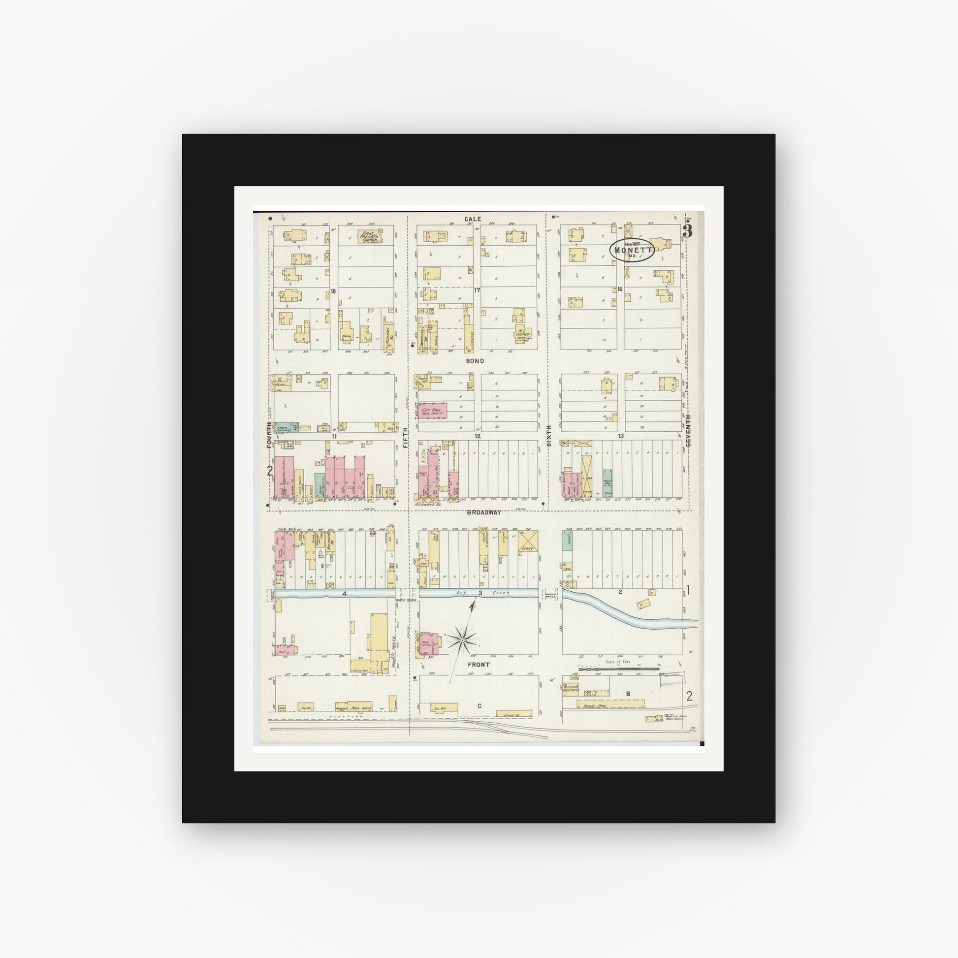 Old map wall art mockup — black gallery frame with white mat — Sanborn Fire Insurance Map from Monett, Barry County, Missouri (1897), Sheet #0003
