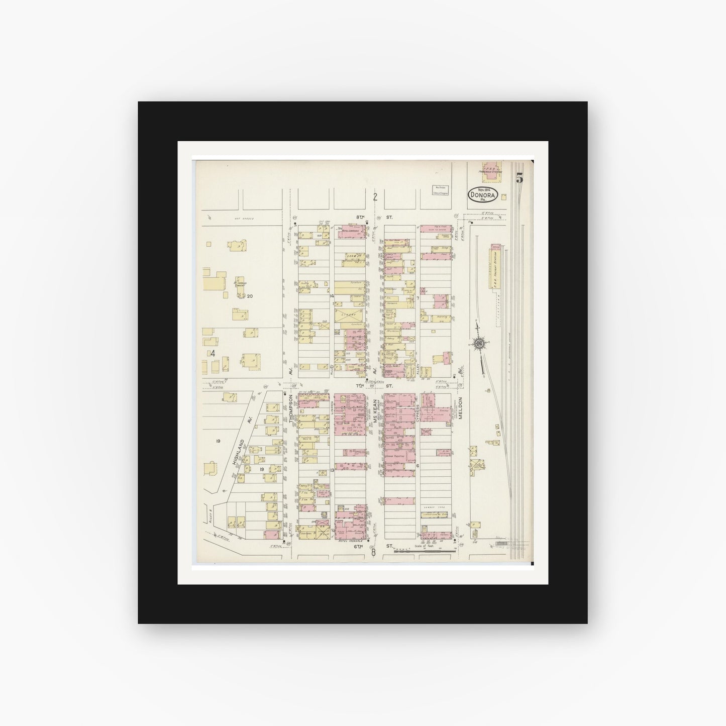 Old map wall art mockup — black gallery frame with white mat — Sanborn Fire Insurance Map from Donora, Washington County, Pennsylvania (1914), Sheet #0005