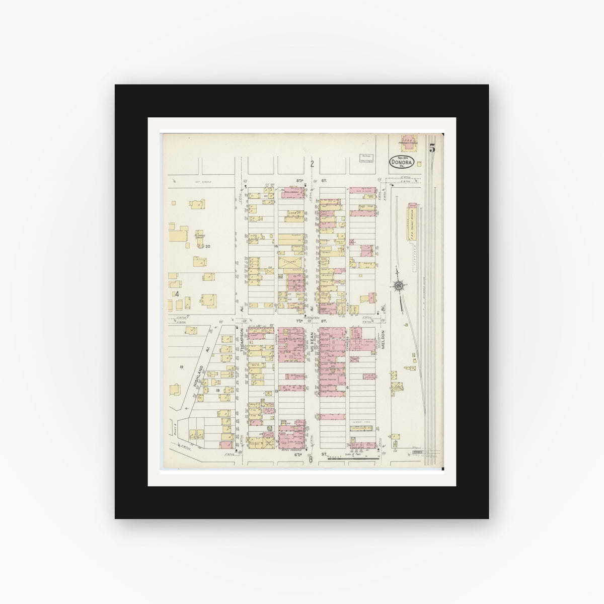 Old map wall art mockup — black gallery frame with white mat — Sanborn Fire Insurance Map from Donora, Washington County, Pennsylvania (1914), Sheet #0005