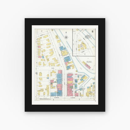 Old map wall art mockup — black gallery frame with white mat — Sanborn Fire Insurance Map from Medina, Orleans County, New York (1904), Sheet #0002