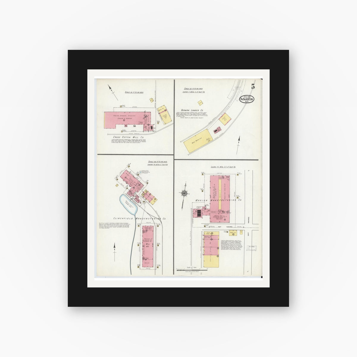 Old map wall art mockup — black gallery frame with white mat — Sanborn Fire Insurance Map from Marion, Mcdowell County, North Carolina (1918), Sheet #0005