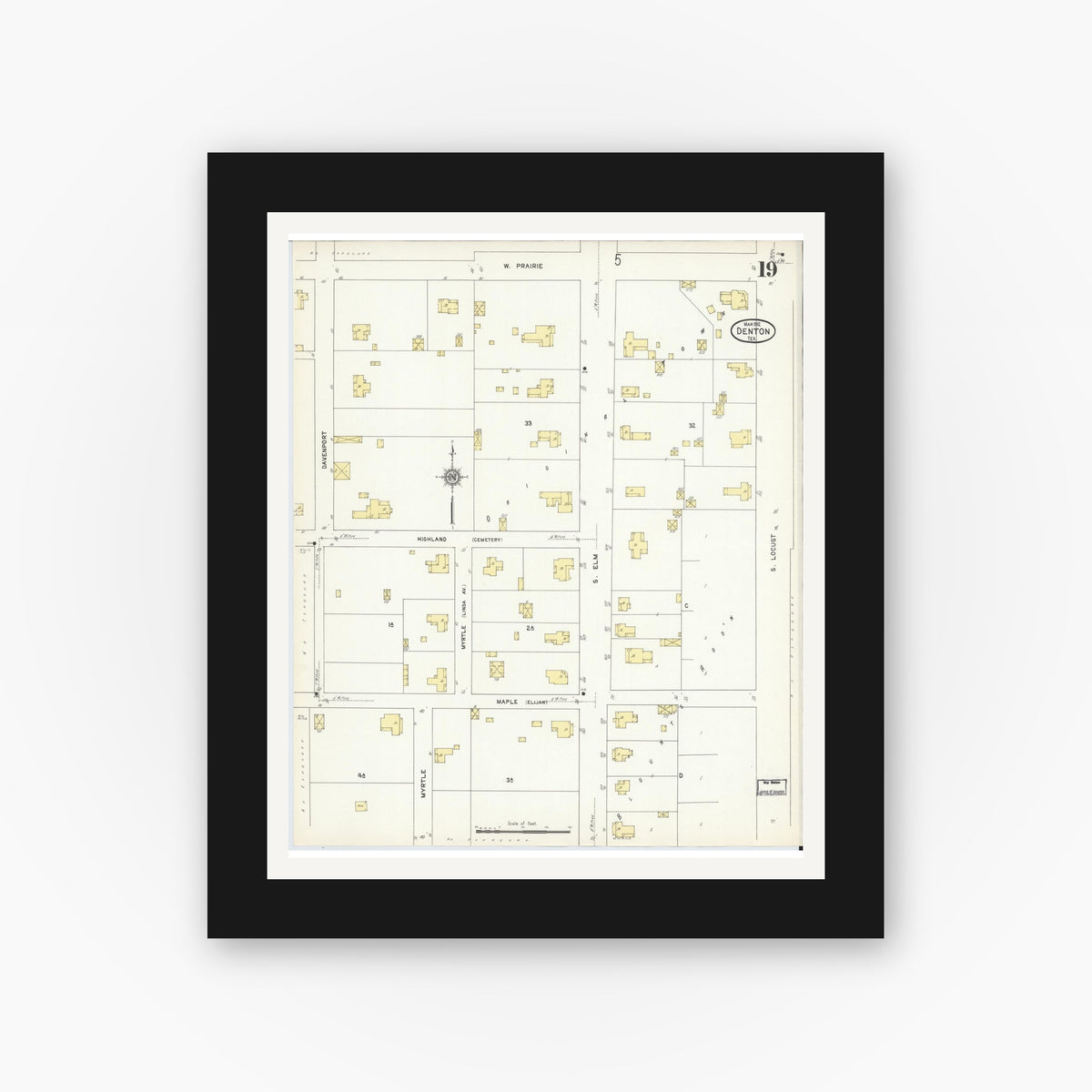 Old map wall art mockup — black gallery frame with white mat — Sanborn Fire Insurance Map from Denton, Denton County, Texas (1912), Sheet #0019