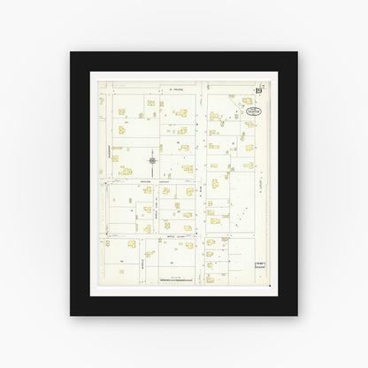 Old map wall art mockup — black gallery frame with white mat — Sanborn Fire Insurance Map from Denton, Denton County, Texas (1912), Sheet #0019