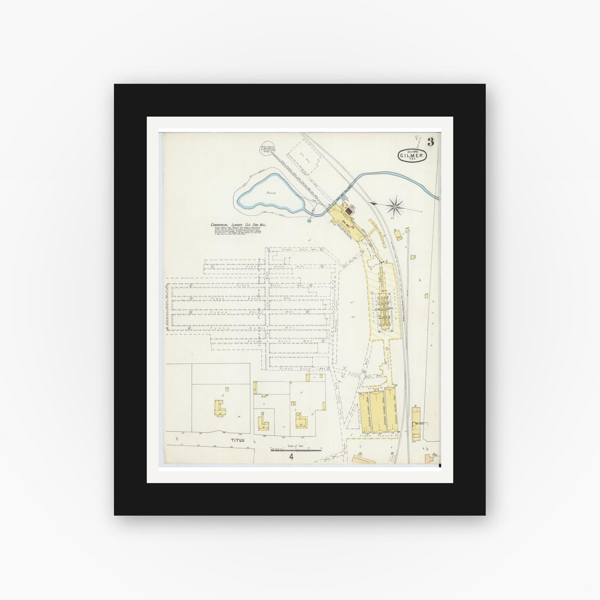 Old map wall art mockup — black gallery frame with white mat — Sanborn Fire Insurance Map from Gilmer, Upshur County, Texas (1896), Sheet #0003