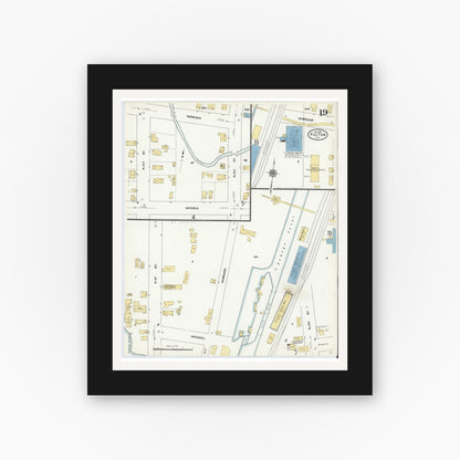 Old map wall art mockup — black gallery frame with white mat — Sanborn Fire Insurance Map from Fulton, Oswego County, New York (1911), Sheet #0019
