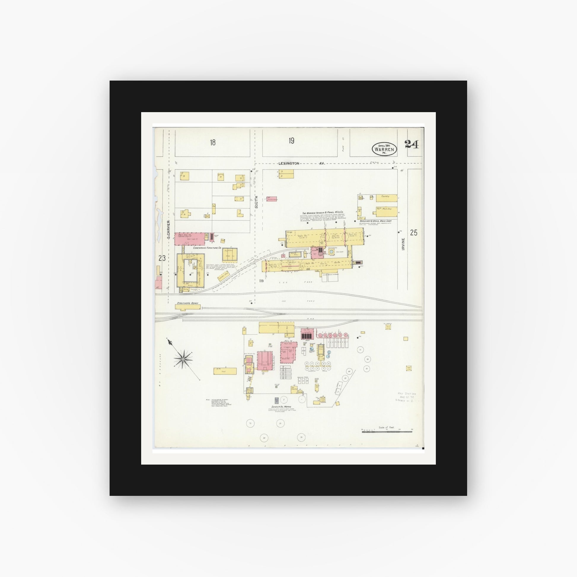 Old map wall art mockup — black gallery frame with white mat — Sanborn Fire Insurance Map from Warren, Warren County, Pennsylvania (1904), Sheet #0024