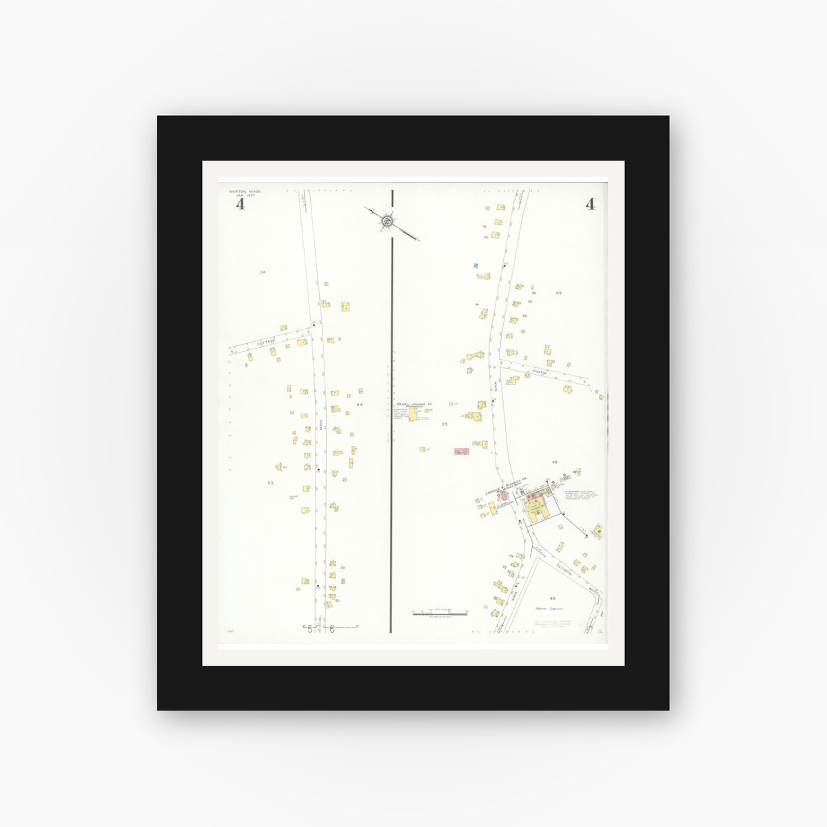 Old map wall art mockup — black gallery frame with white mat — Sanborn Fire Insurance Map from Norton, Bristol County, Massachusetts (1937), Sheet #0004