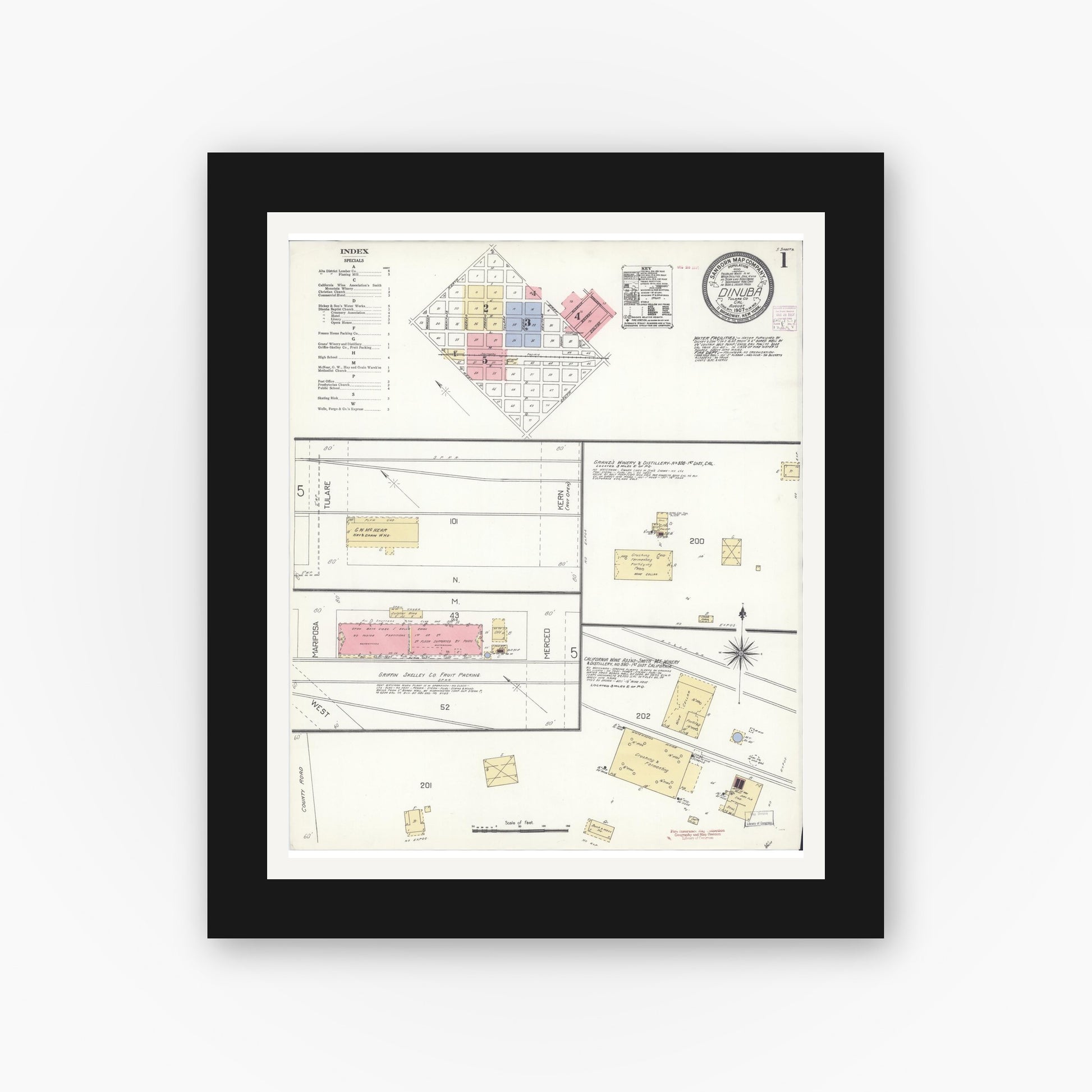Old map wall art mockup — black gallery frame with white mat — Sanborn Fire Insurance Map from Dinuba, Tulare County, California (1907) - Complete Map Set