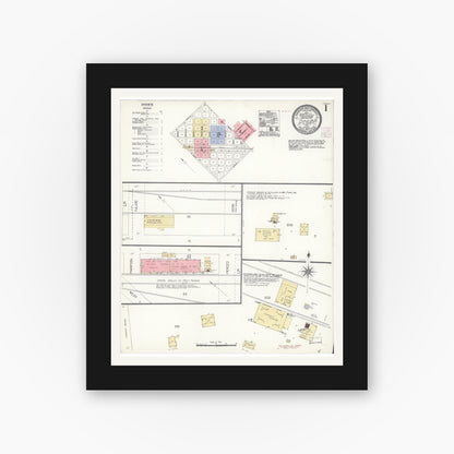 Old map wall art mockup — black gallery frame with white mat — Sanborn Fire Insurance Map from Dinuba, Tulare County, California (1907) - Complete Map Set