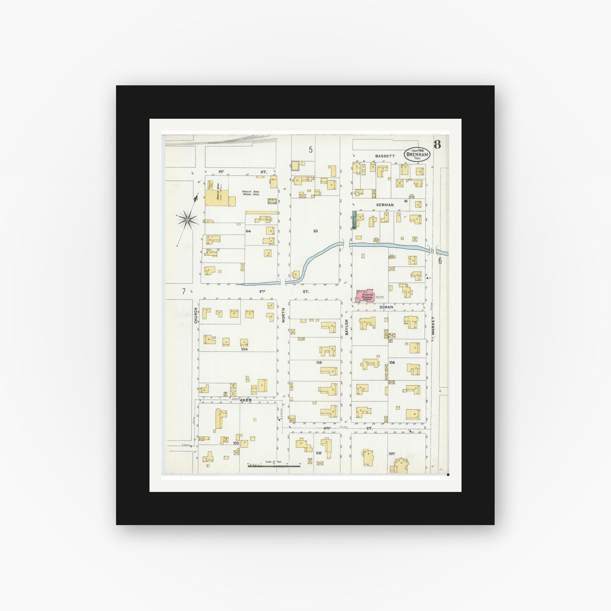 Old map wall art mockup — black gallery frame with white mat — Sanborn Fire Insurance Map from Brenham, Washington County, Texas (1906), Sheet #0008