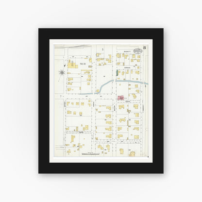Old map wall art mockup — black gallery frame with white mat — Sanborn Fire Insurance Map from Brenham, Washington County, Texas (1906), Sheet #0008