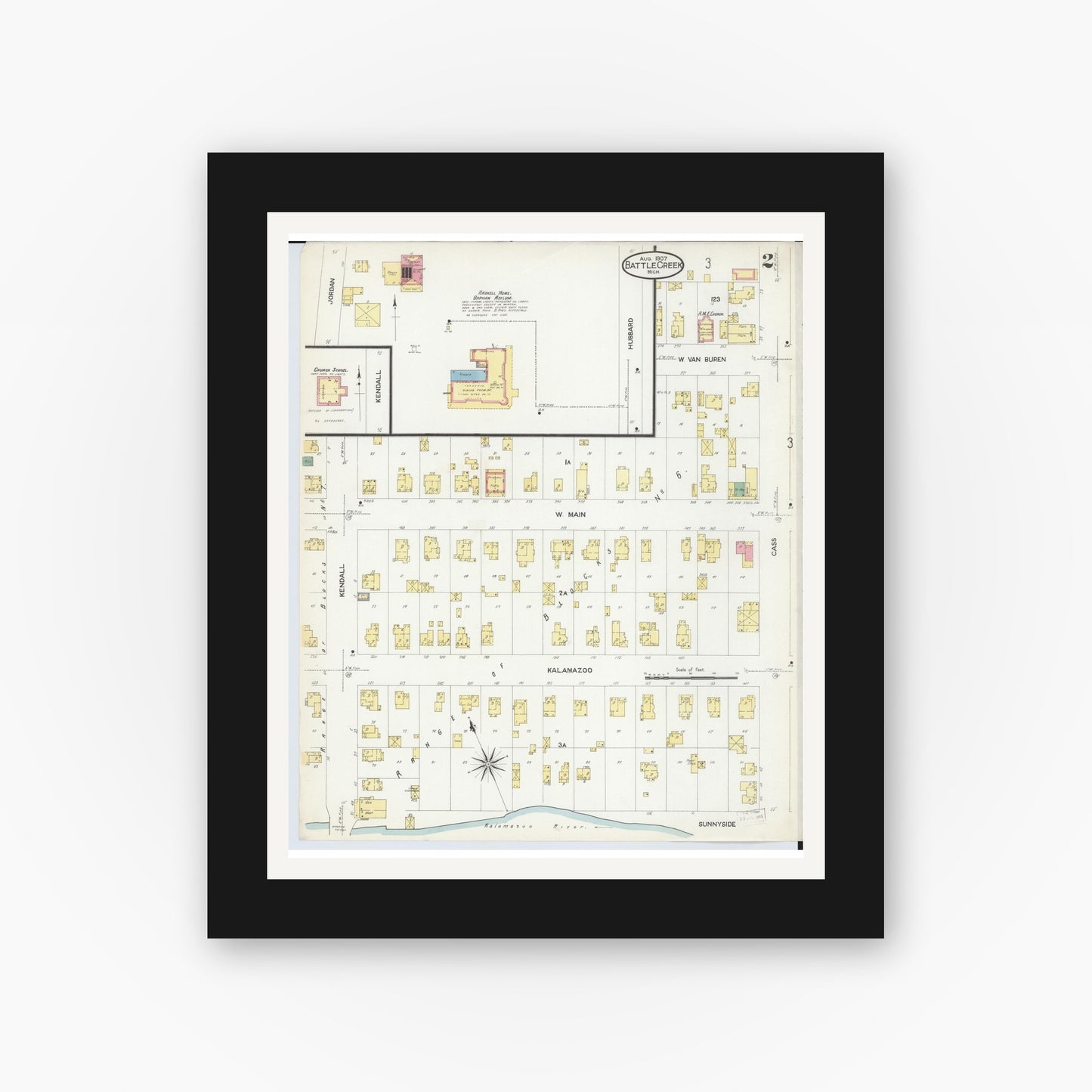 Old map wall art mockup — black gallery frame with white mat — Sanborn Fire Insurance Map from Battle Creek, Calhoun County, Michigan (1907), Sheet #0002