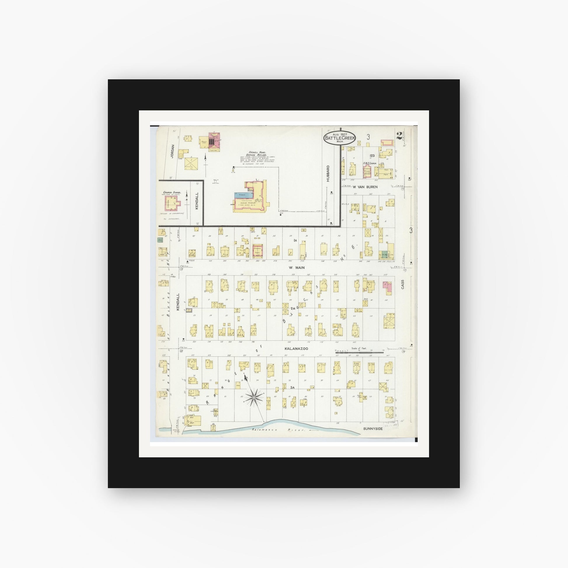 Old map wall art mockup — black gallery frame with white mat — Sanborn Fire Insurance Map from Battle Creek, Calhoun County, Michigan (1907), Sheet #0002