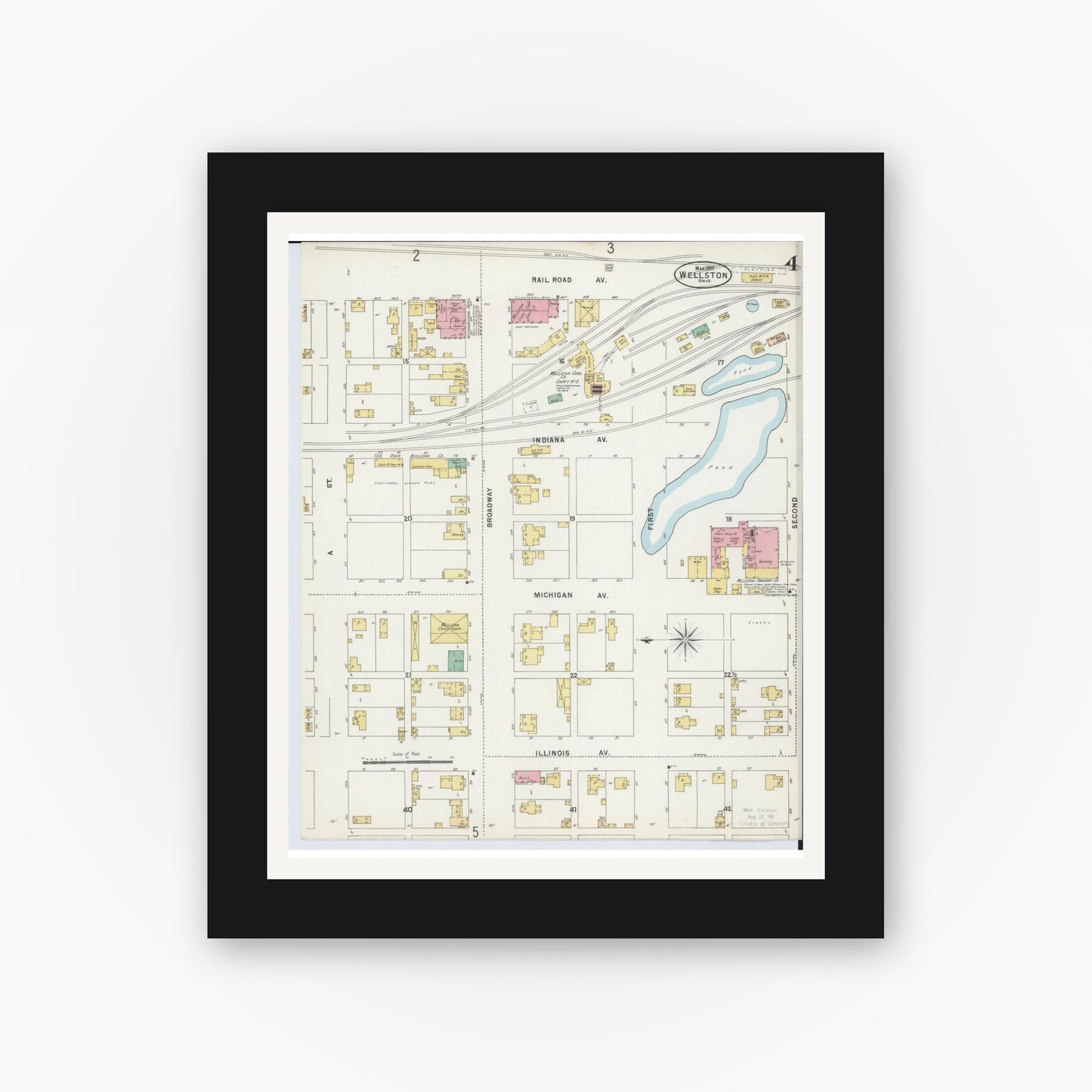 Old map wall art mockup — black gallery frame with white mat — Sanborn Fire Insurance Map from Wellston, Jackson County, Ohio (1897), Sheet #0004
