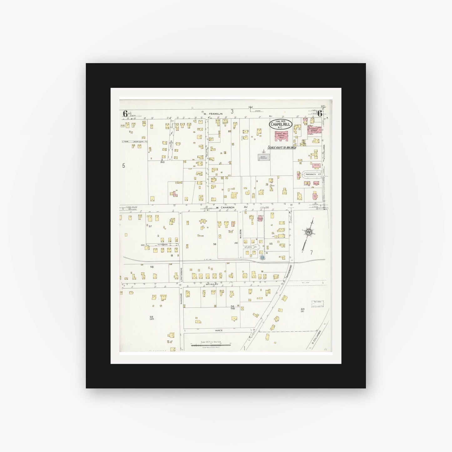 Old map wall art mockup — black gallery frame with white mat — Sanborn Fire Insurance Map from Chapel Hill, Orange County, North Carolina (1925), Sheet #0006
