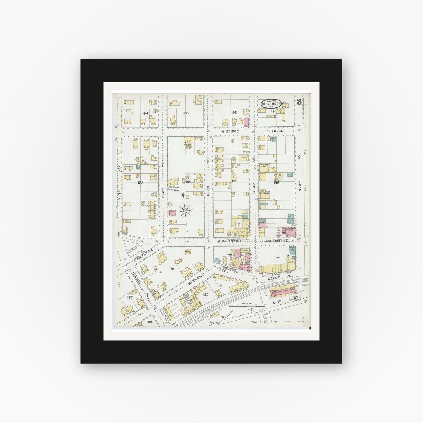 Old map wall art mockup — black gallery frame with white mat — Sanborn Fire Insurance Map from Mount Vernon, Westchester County, New York (1892), Sheet #0003