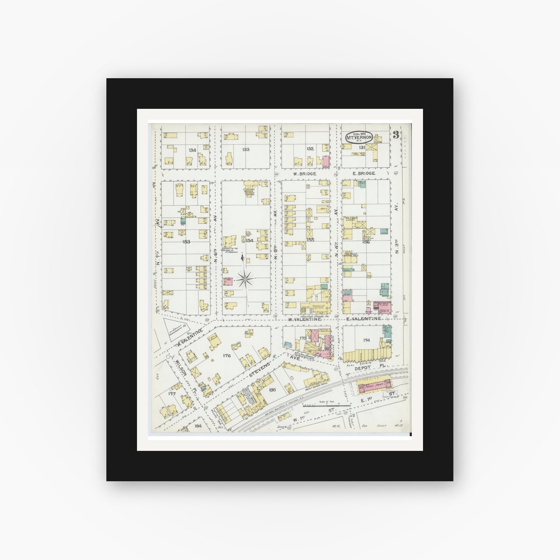 Old map wall art mockup — black gallery frame with white mat — Sanborn Fire Insurance Map from Mount Vernon, Westchester County, New York (1892), Sheet #0003