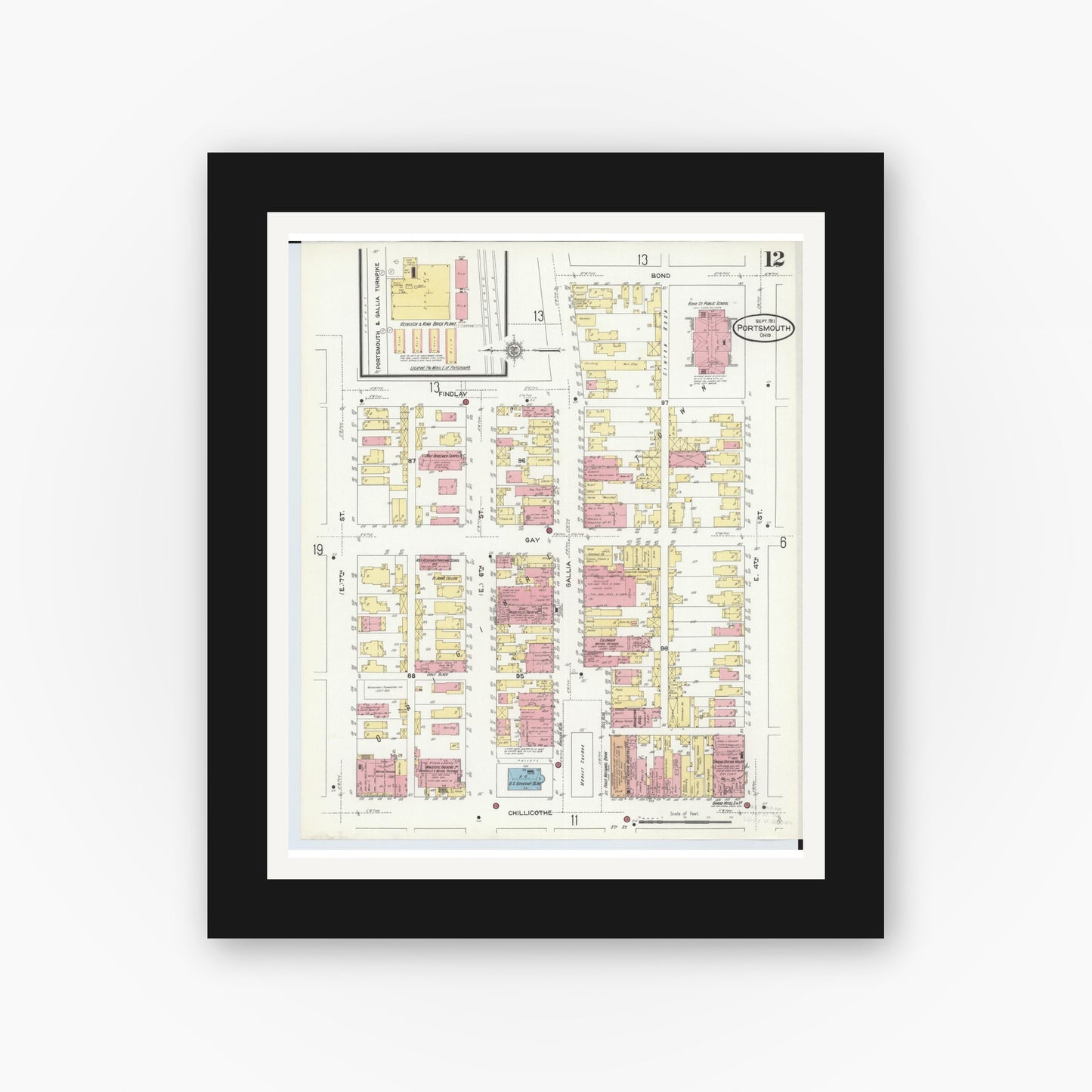 Old map wall art mockup — black gallery frame with white mat — Sanborn Fire Insurance Map from Portsmouth, Scioto County, Ohio (1911), Sheet #0012