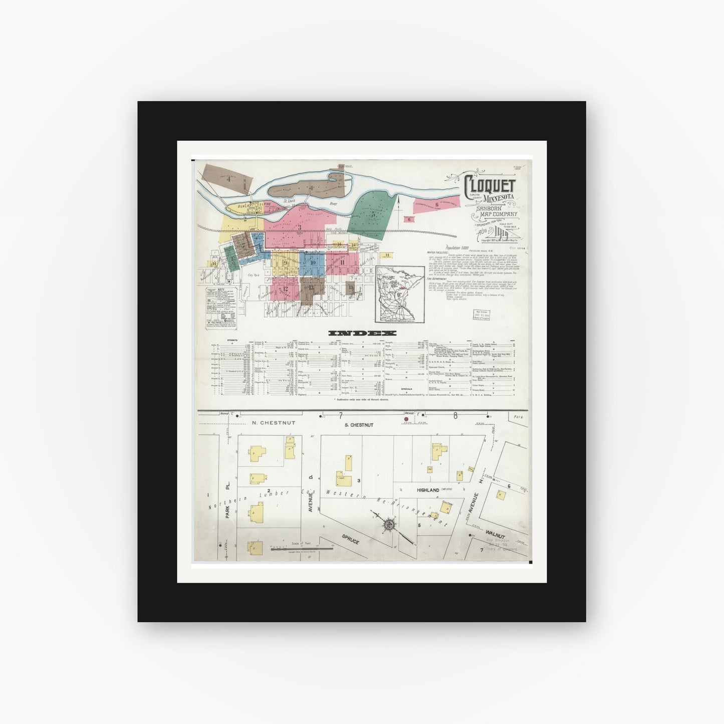 Old map wall art mockup — black gallery frame with white mat — Sanborn Fire Insurance Map from Cloquet, Carlton County, Minnesota (1919), Sheet #0001